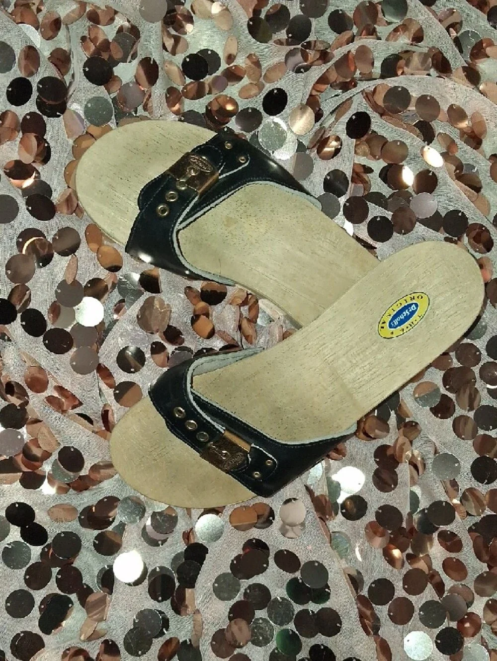 Dr. Scholl's Vintage Navy Classic Mules with Functional Gold Buckle Enclosure - Picture 10 of 10
